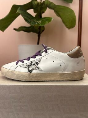 Golden Goose Super Star White Leather Sneaker with Leopard Star & Purple Laces